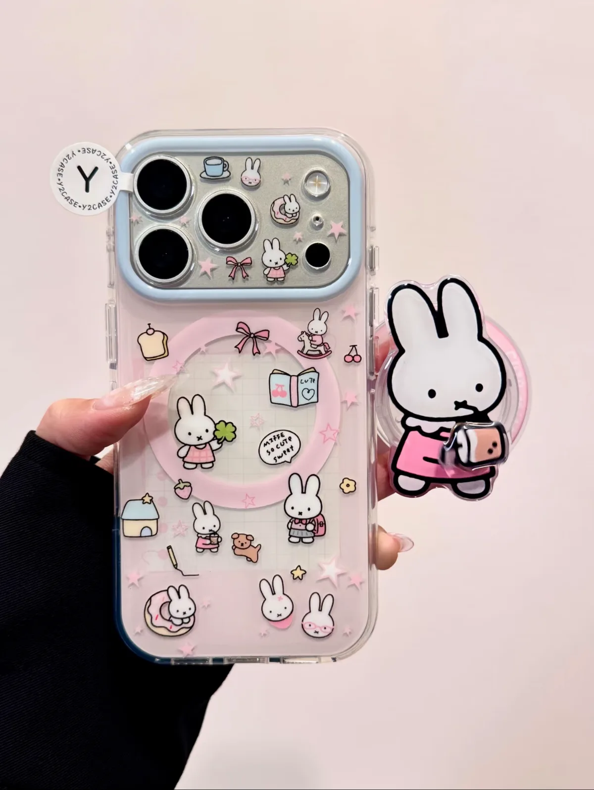 Miffy Pastel Blue Pink Grid With Beaded Strap Phone Case for iPhone 17 16 15 Pro Max — MagSafe