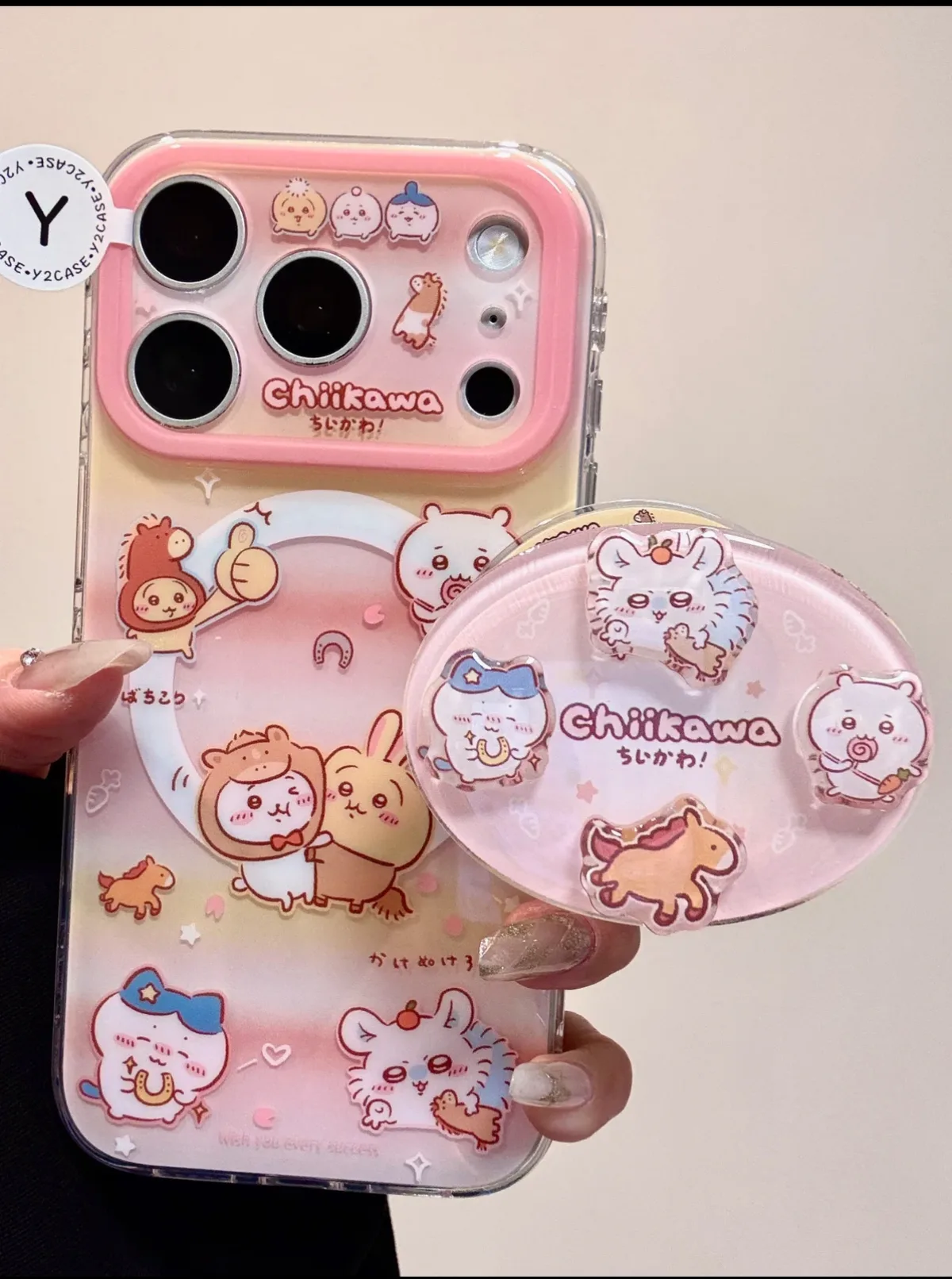 Chiikawa Pink Clear Phone Case with Beaded Strap for iPhone 17 16 15 14 13 Pro Max