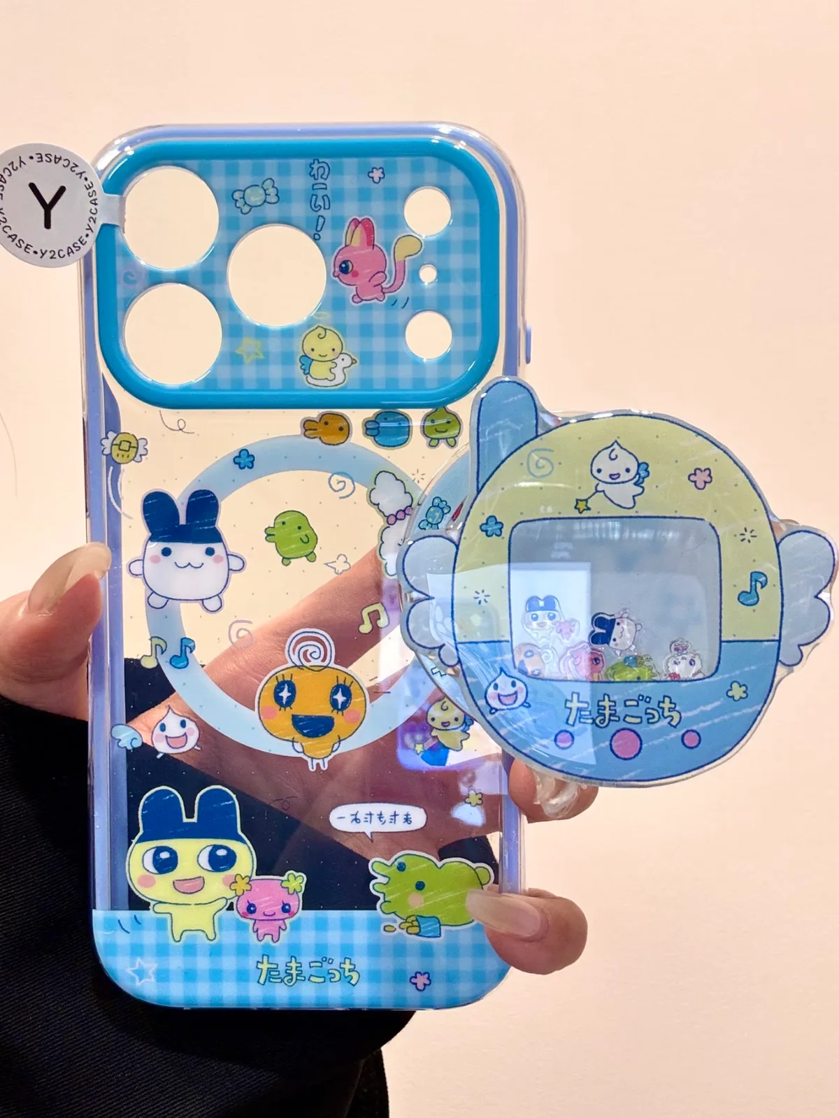 Kawaii Tamagotchi Blue Gingham Clear Phone Case for iPhone 17 16 15 14 13 Pro Max