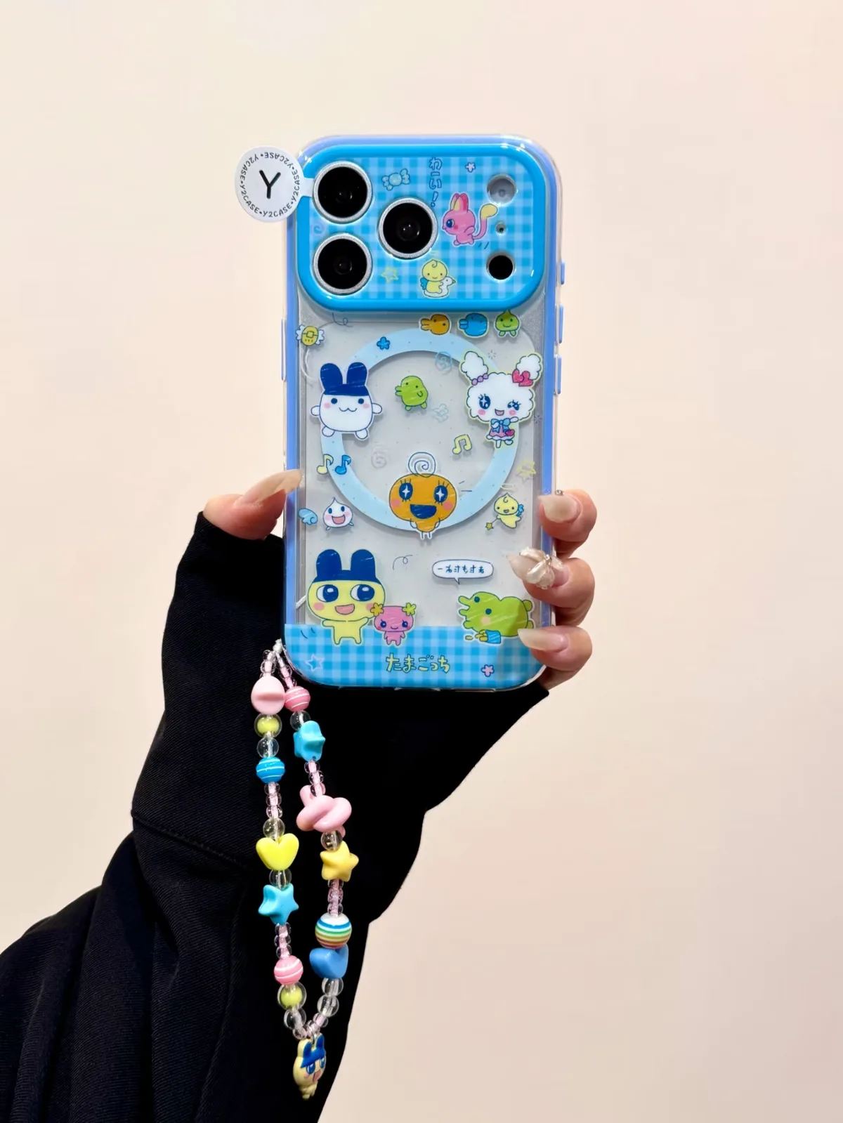 Kawaii Tamagotchi Blue Gingham Clear Phone Case for iPhone 17 16 15 14 13 Pro Max — MagSafe