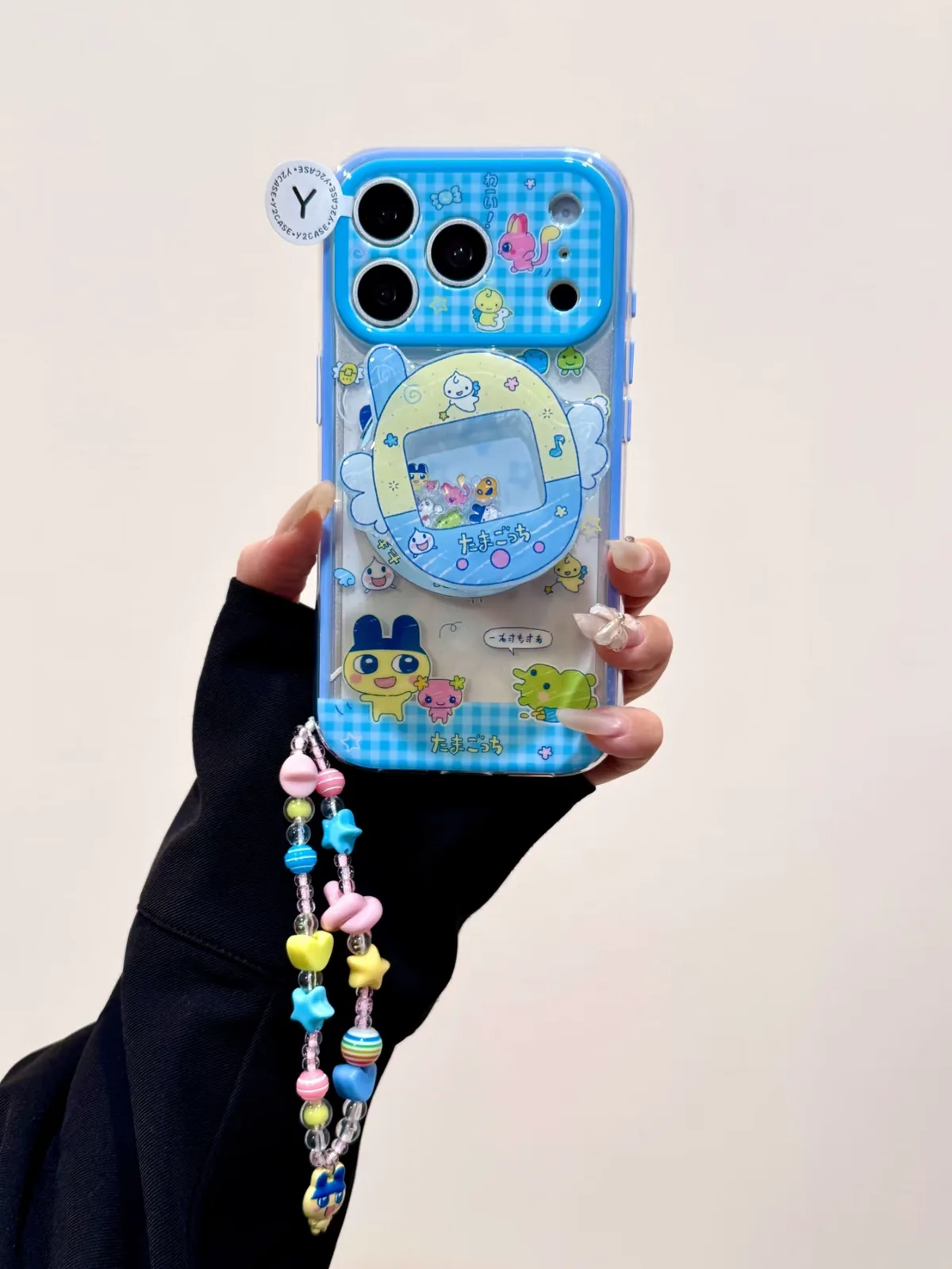 Kawaii Tamagotchi Blue Gingham Clear Phone Case for iPhone 17 16 15 14 13 Pro Max — MagSafe