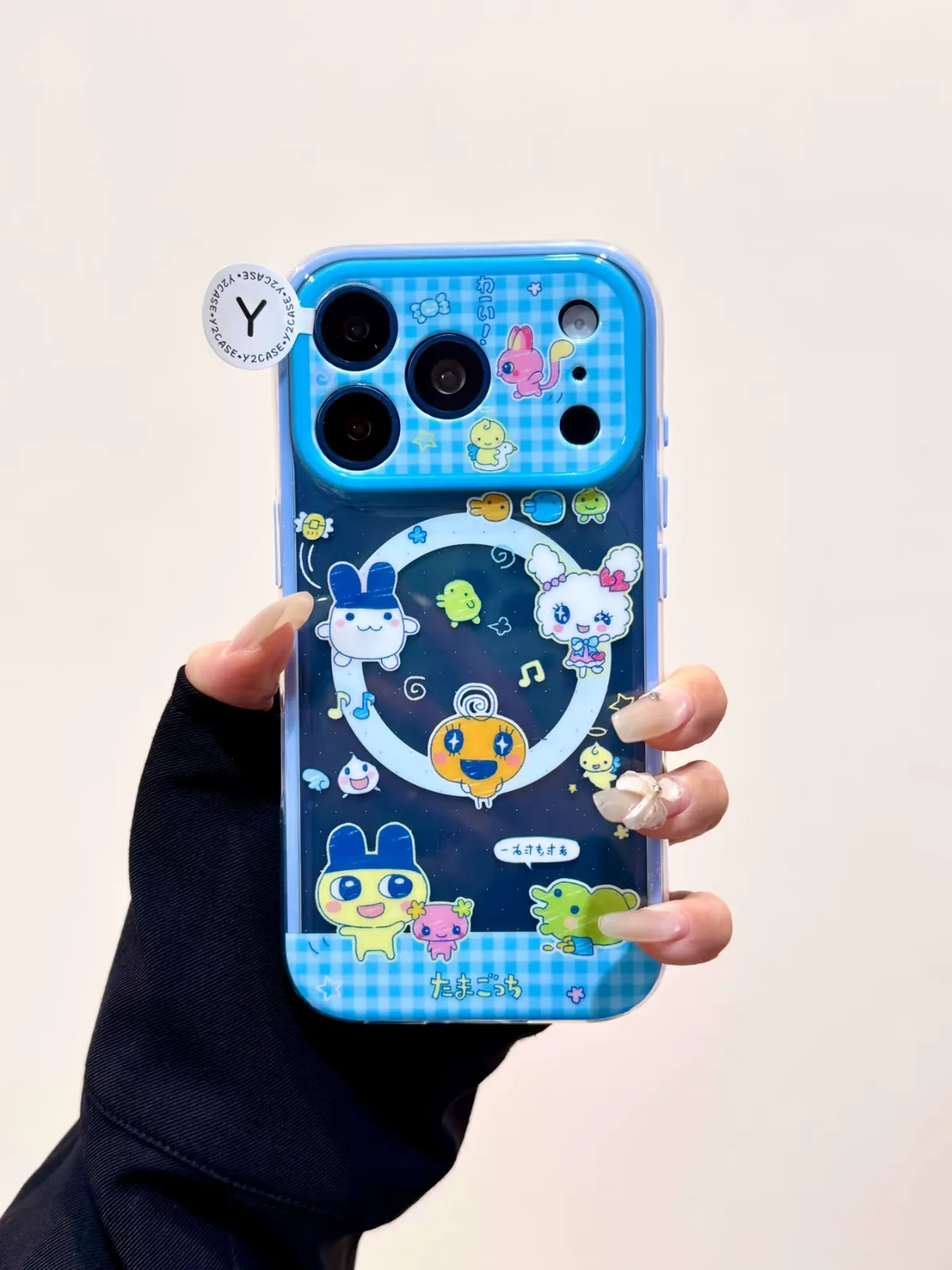 Kawaii Tamagotchi Blue Gingham Clear Phone Case for iPhone 17 16 15 14 13 Pro Max