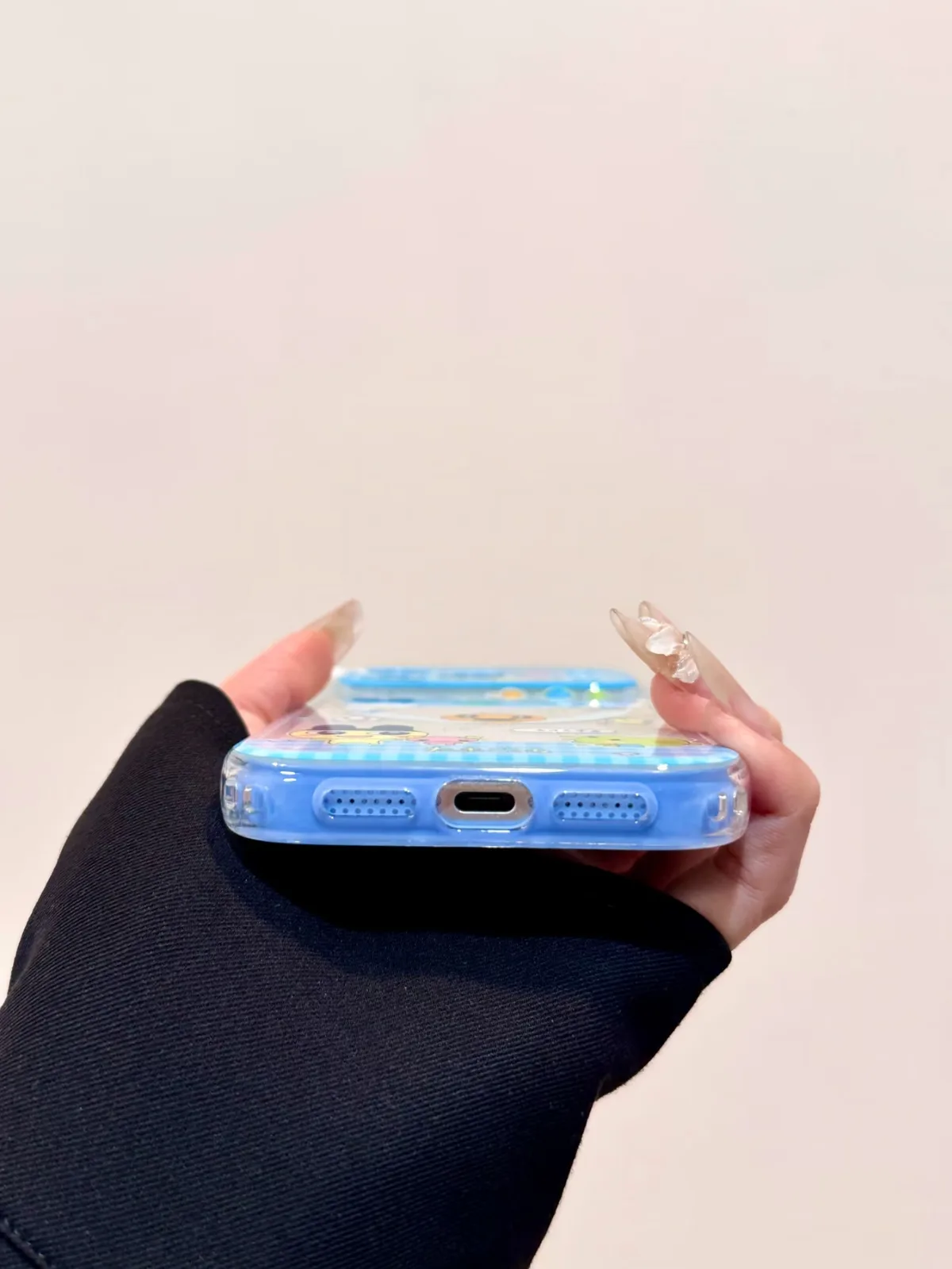 Kawaii Tamagotchi Blue Gingham Clear Phone Case for iPhone 17 16 15 14 13 Pro Max