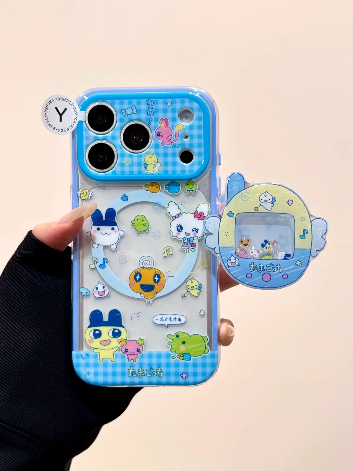 Kawaii Tamagotchi Blue Gingham Clear Phone Case for iPhone 17 16 15 14 13 Pro Max — MagSafe