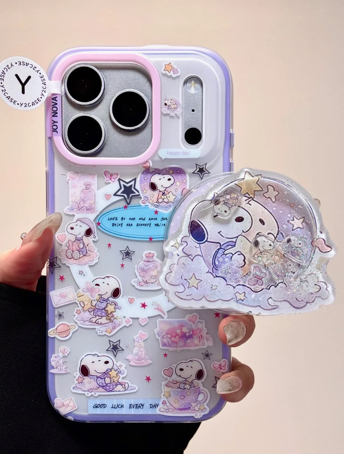 Kawaii Snoopy Clear Phone Case with Glitter Pop Grip for iPhone 17 16 15 14 13 Pro Max
