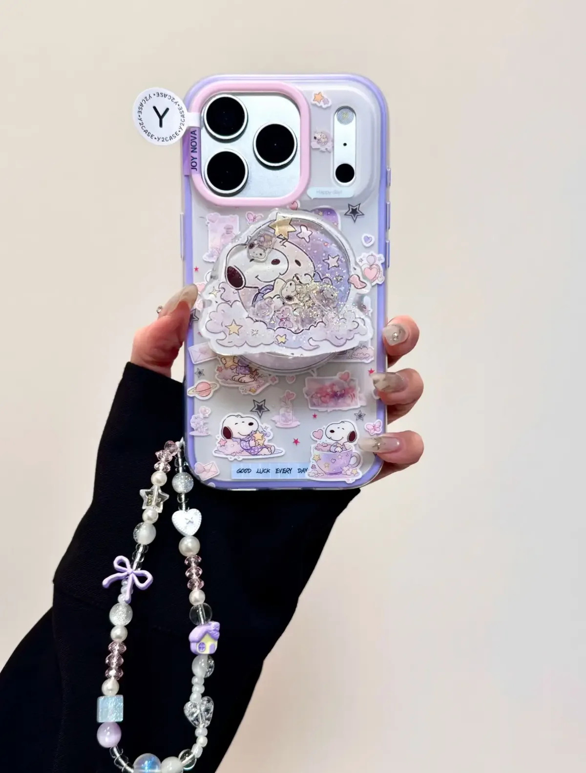 Kawaii Snoopy Clear Phone Case with Glitter Pop Grip for iPhone 17 16 15 14 13 Pro Max