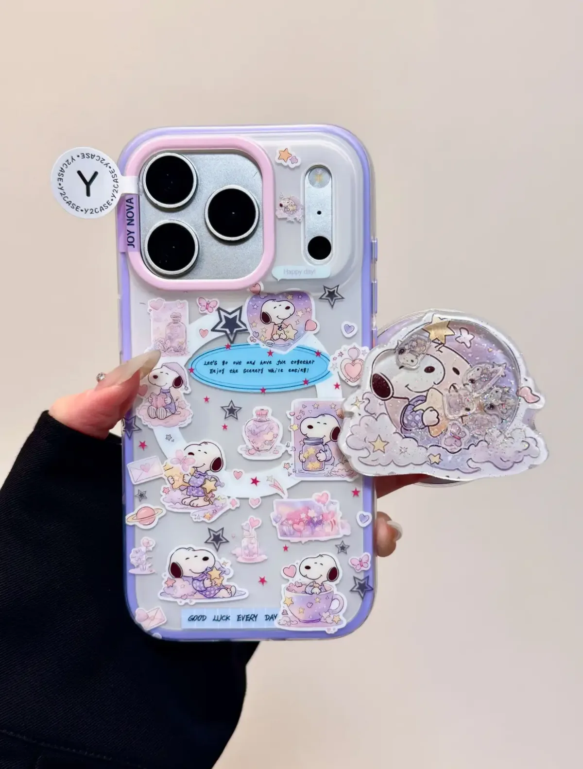 Kawaii Snoopy Clear Phone Case with Glitter Pop Grip for iPhone 17 16 15 14 13 Pro Max