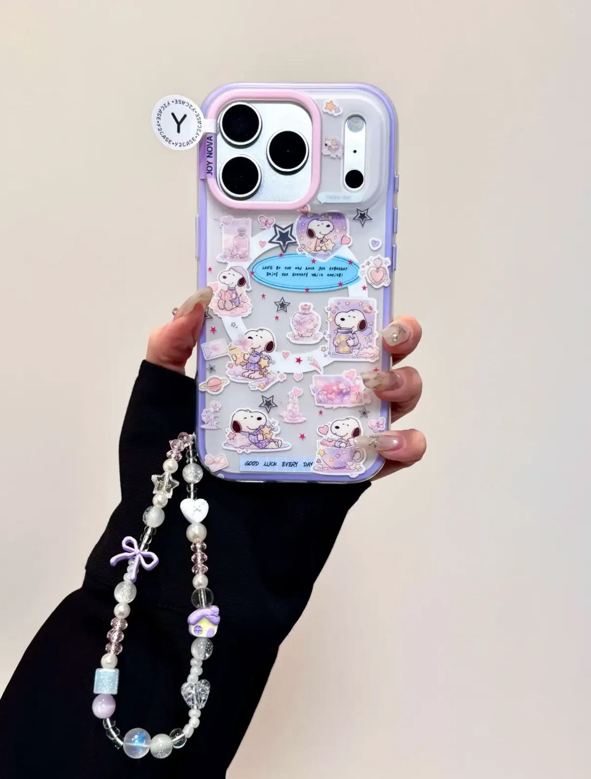 Kawaii Snoopy Clear Phone Case with Glitter Pop Grip for iPhone 17 16 15 14 13 Pro Max