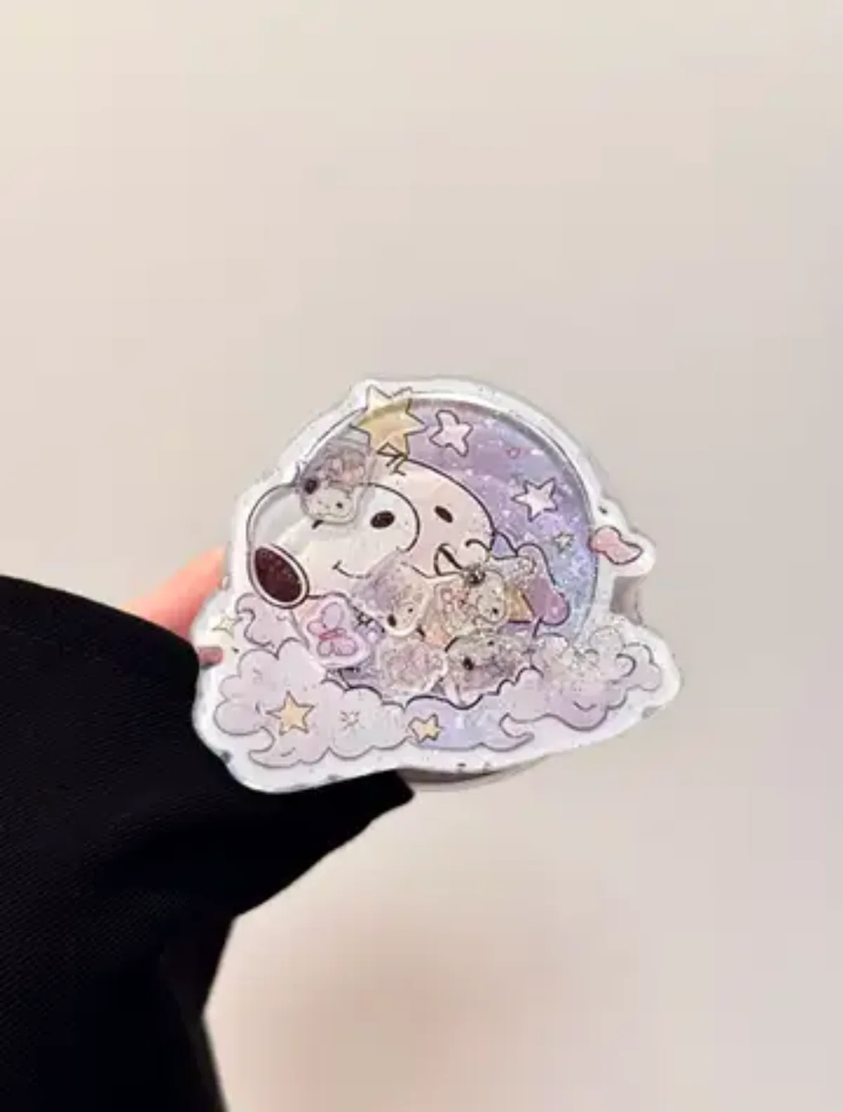 Kawaii Snoopy Clear Phone Case with Glitter Pop Grip for iPhone 17 16 15 14 13 Pro Max