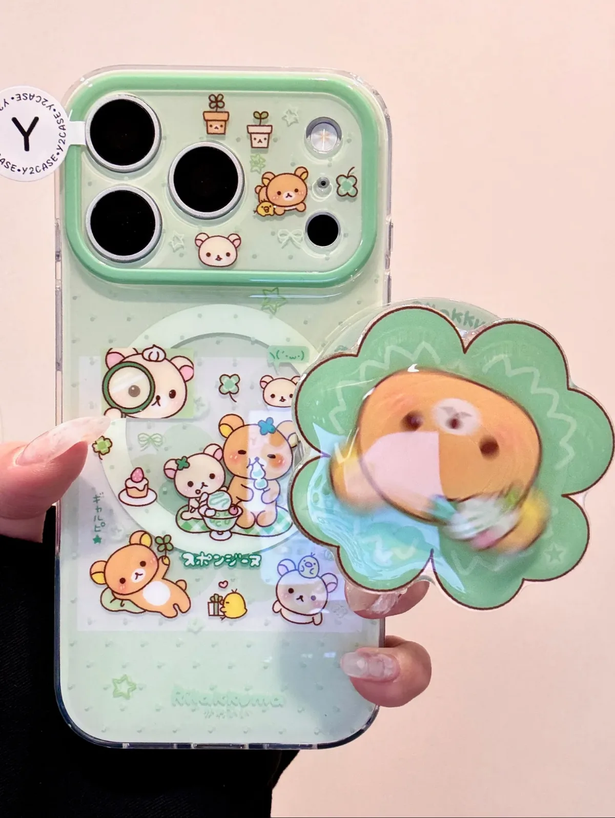 Mint Rilakkuma Clear Phone Case with 3D Flower Grip for iPhone 17 16 15 14 13 Pro Max
