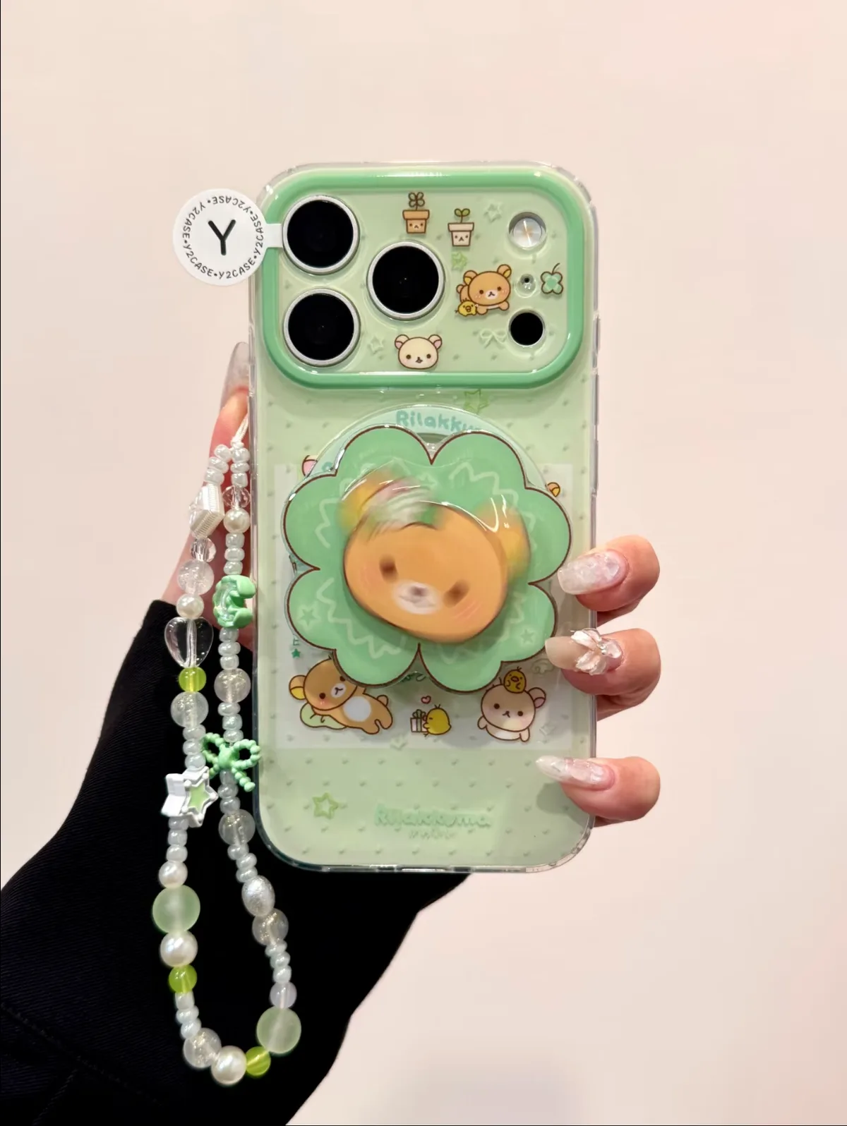 Mint Rilakkuma Clear Phone Case with 3D Flower Grip for iPhone 17 16 15 14 13 Pro Max — MagSafe