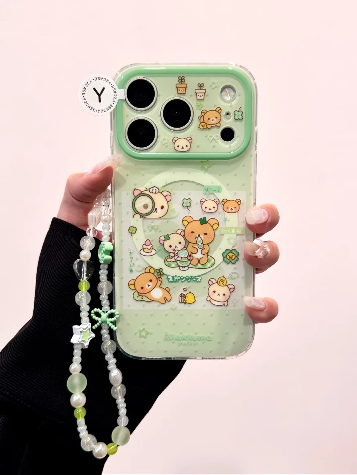Mint Rilakkuma Clear Phone Case with 3D Flower Grip for iPhone 17 16 15 14 13 Pro Max — MagSafe