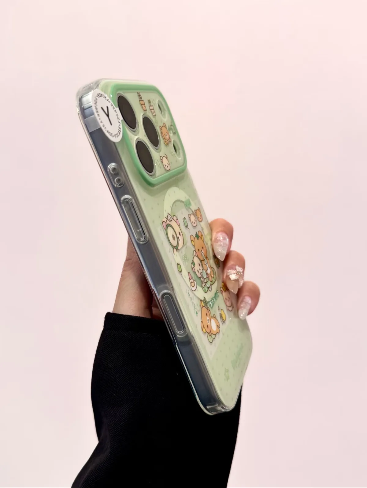 Mint Rilakkuma Clear Phone Case with 3D Flower Grip for iPhone 17 16 15 14 13 Pro Max