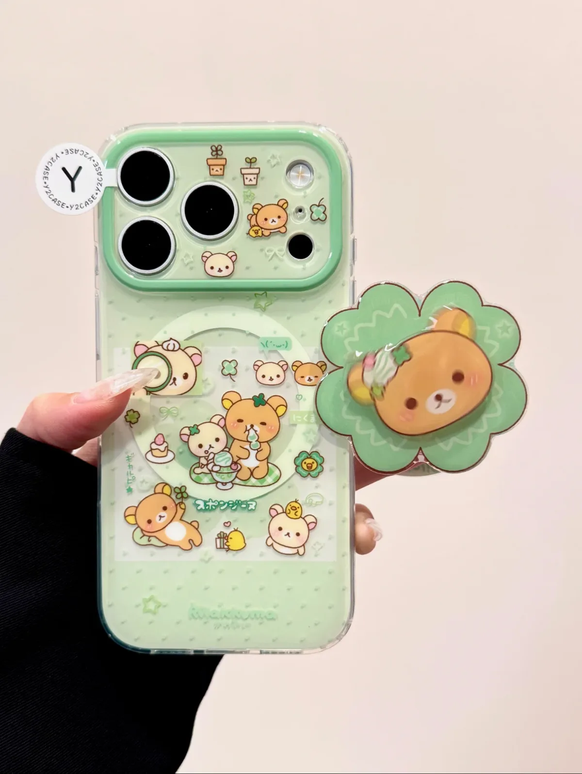 Mint Rilakkuma Clear Phone Case with 3D Flower Grip for iPhone 17 16 15 14 13 Pro Max — MagSafe