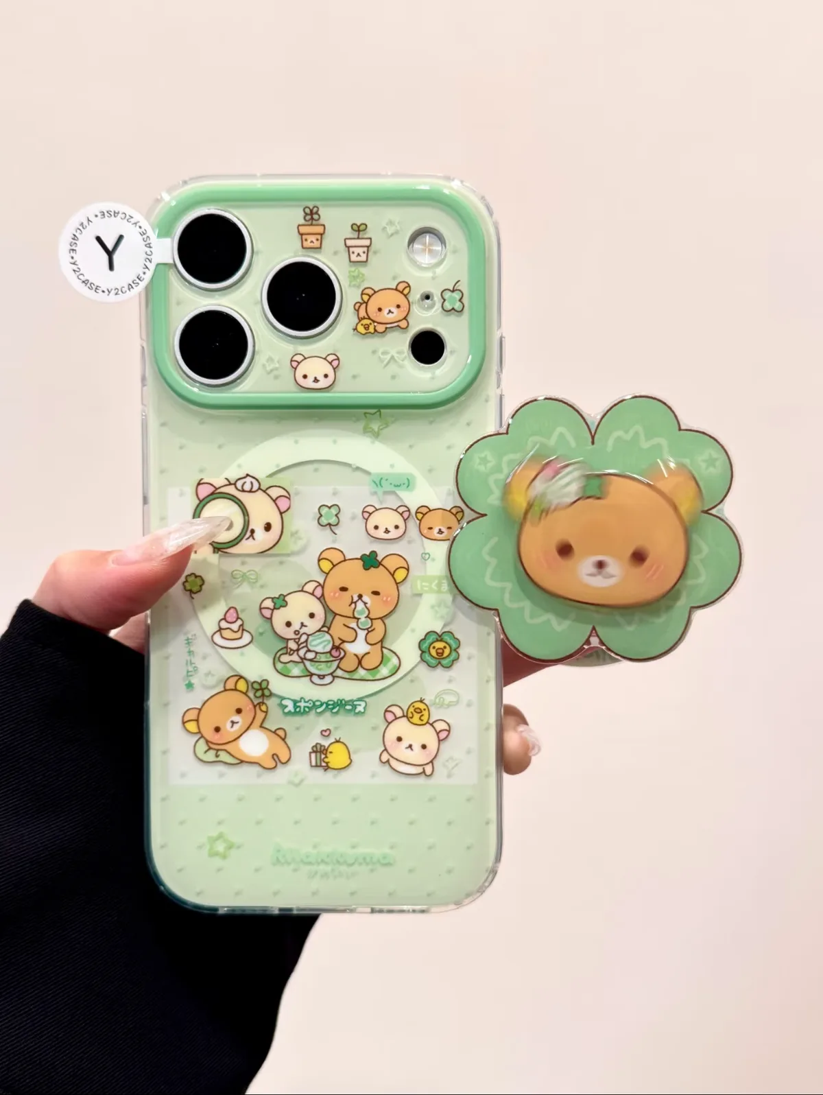 Mint Rilakkuma Clear Phone Case with 3D Flower Grip for iPhone 17 16 15 14 13 Pro Max — MagSafe