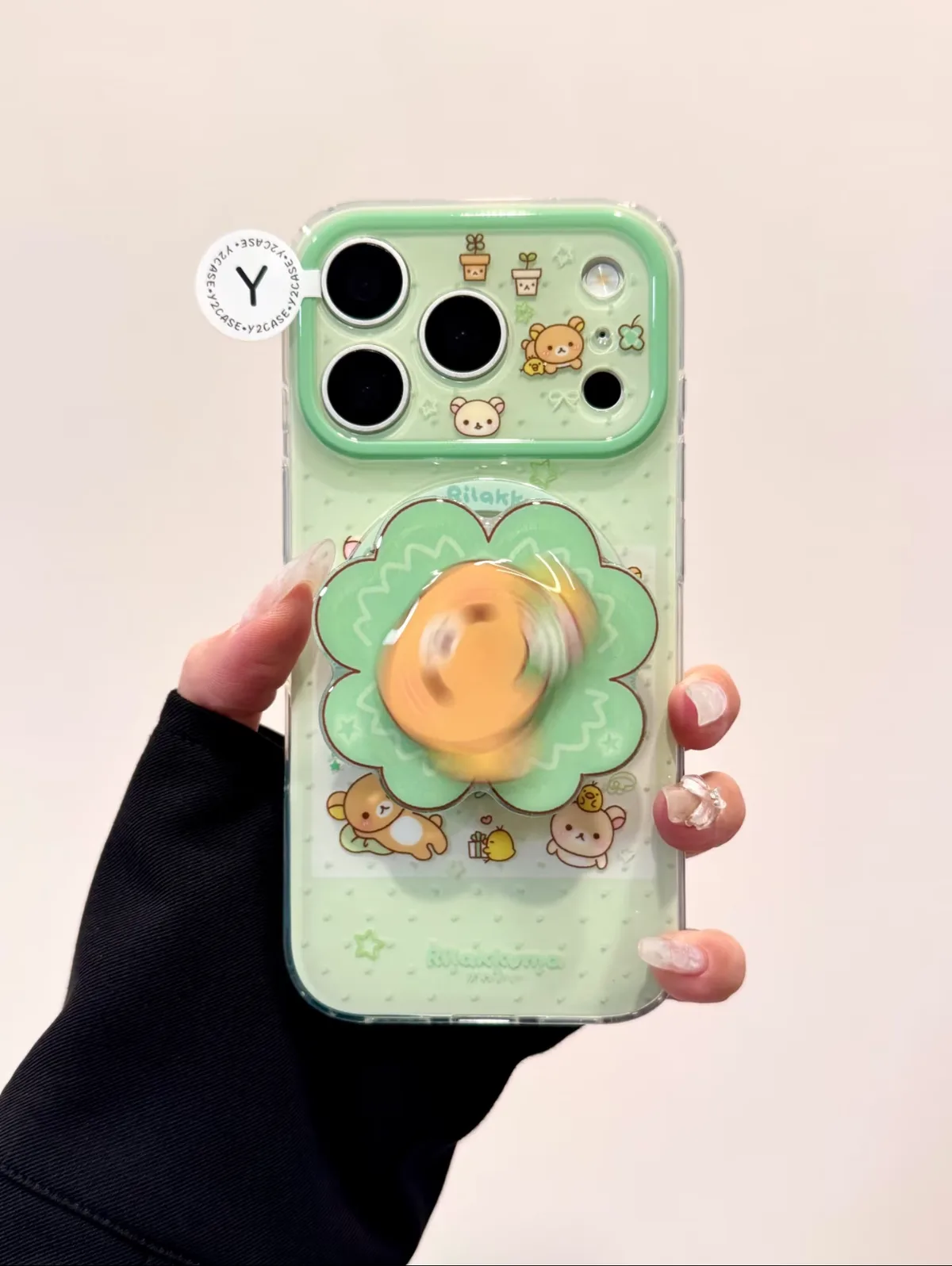 Mint Rilakkuma Clear Phone Case with 3D Flower Grip for iPhone 17 16 15 14 13 Pro Max — MagSafe