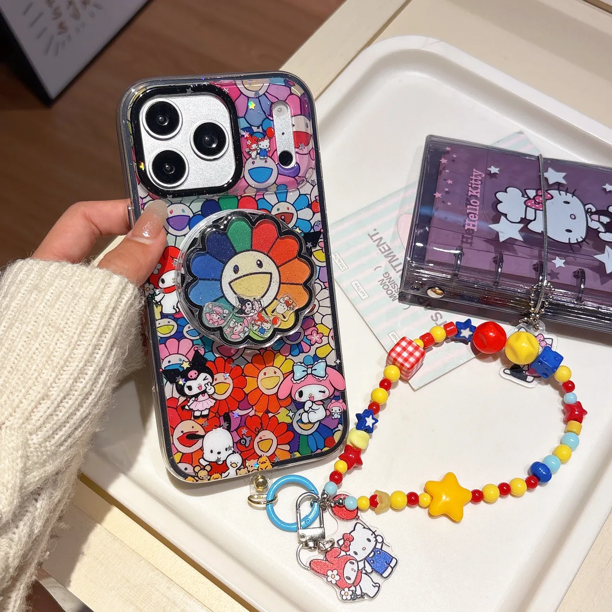 Sanrio Rainbow Flower iPhone 17 16 15 14 13 Pro Max Clear Phone Case with Charm