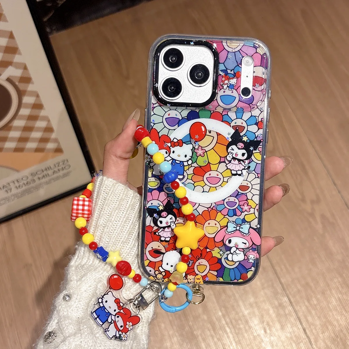 Hello Kitty Sanrio Rainbow Flower Clear Phone Case with Charm for iPhone 17 16 15 14 13 Pro Max