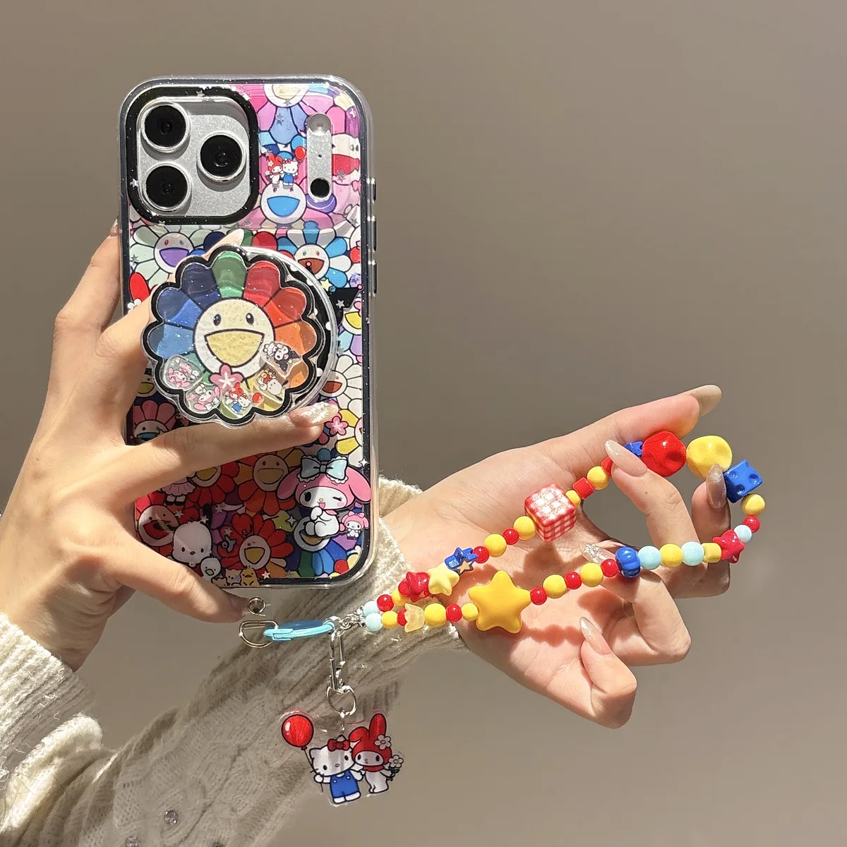 Hello Kitty Sanrio Rainbow Flower Clear Phone Case with Charm for iPhone 17 16 15 14 13 Pro Max