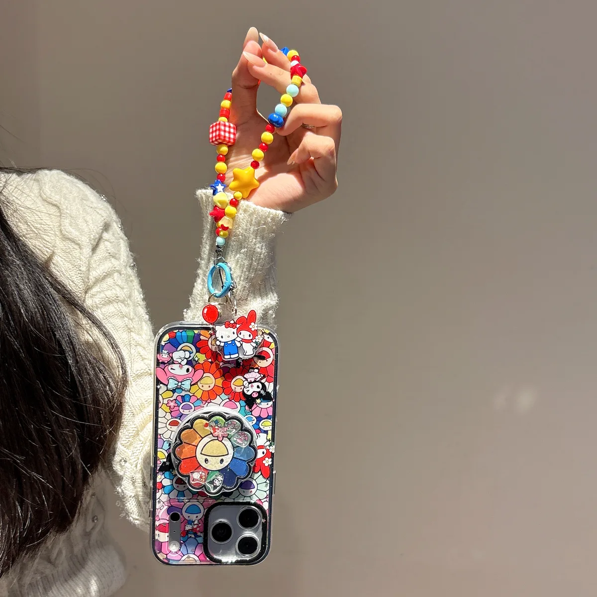 Hello Kitty Sanrio Rainbow Flower Clear Phone Case with Charm for iPhone 17 16 15 14 13 Pro Max
