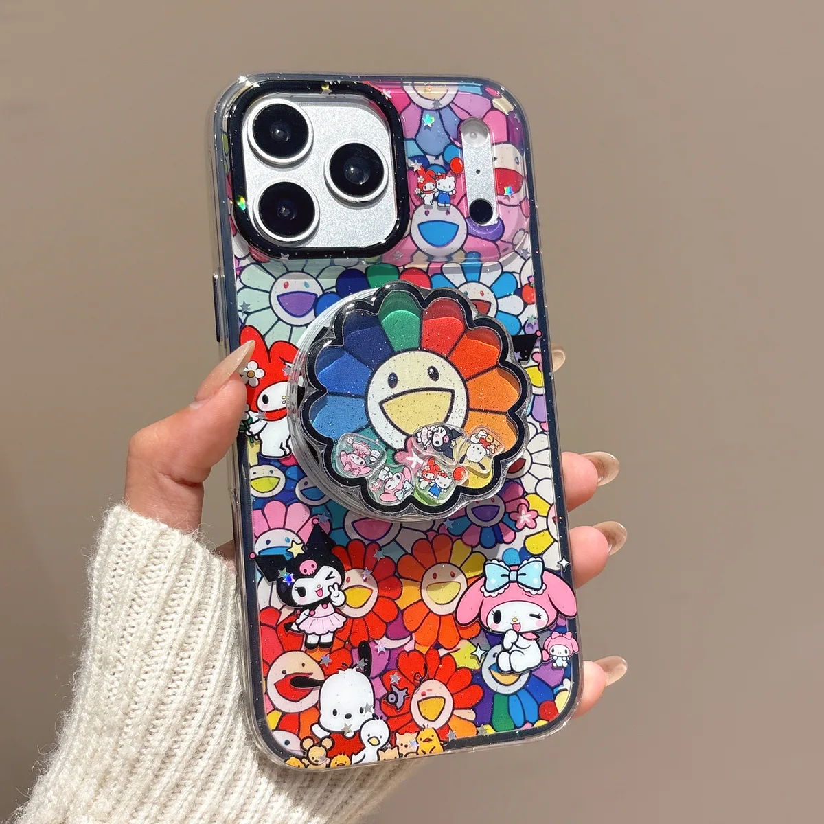 Hello Kitty Sanrio Rainbow Flower Clear Phone Case with Charm for iPhone 17 16 15 14 13 Pro Max