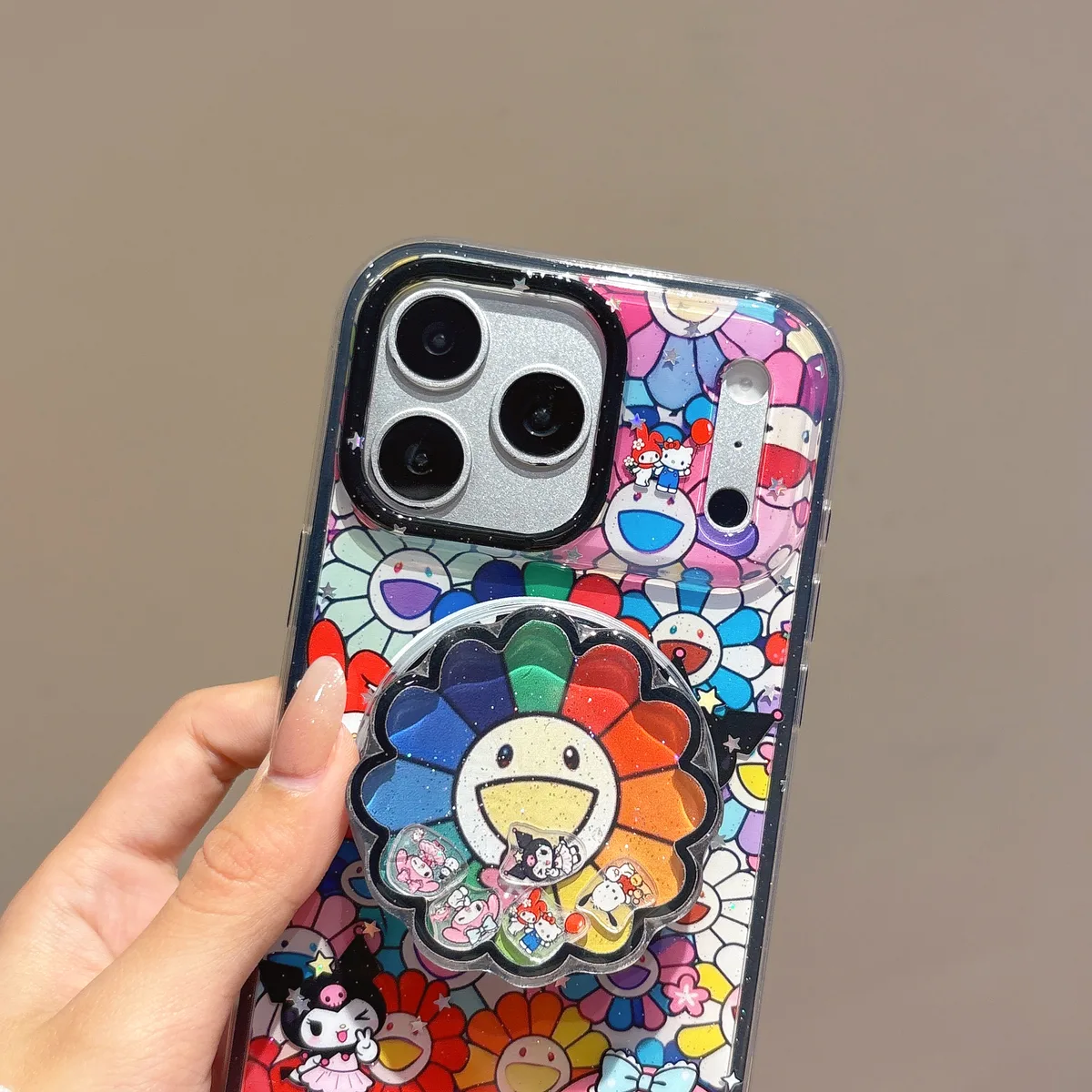 Hello Kitty Sanrio Rainbow Flower Clear Phone Case with Charm for iPhone 17 16 15 14 13 Pro Max