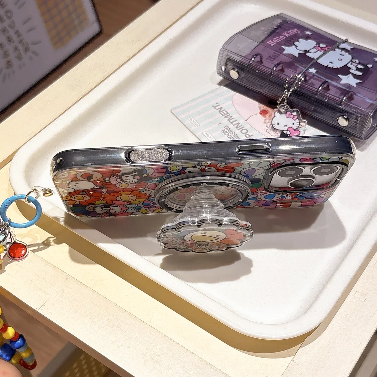Hello Kitty Sanrio Rainbow Flower Clear Phone Case with Charm for iPhone 17 16 15 14 13 Pro Max