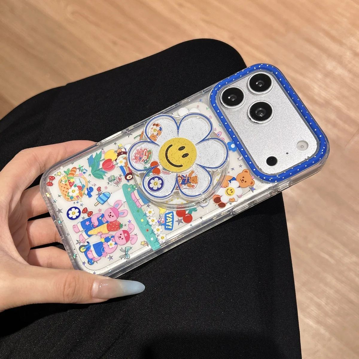 Y2K Kawaii Clear Daisy Grip Phone Case for iPhone 17 16 15 14 13 Pro Max