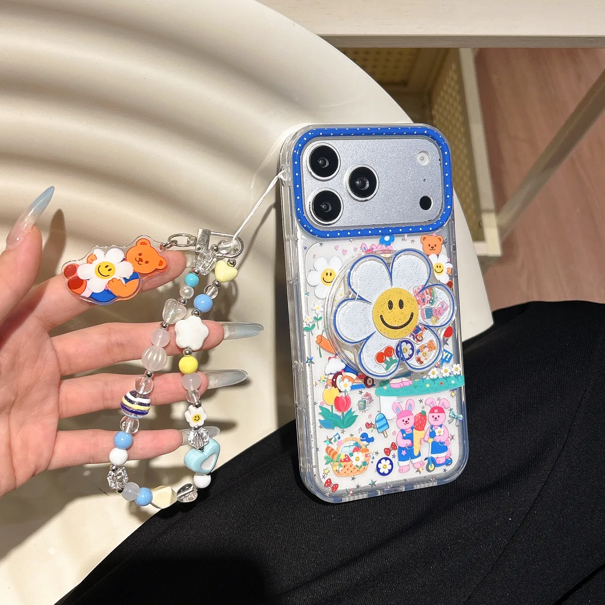Y2K Kawaii Clear Daisy Grip Phone Case for iPhone 17 16 15 14 13 Pro Max