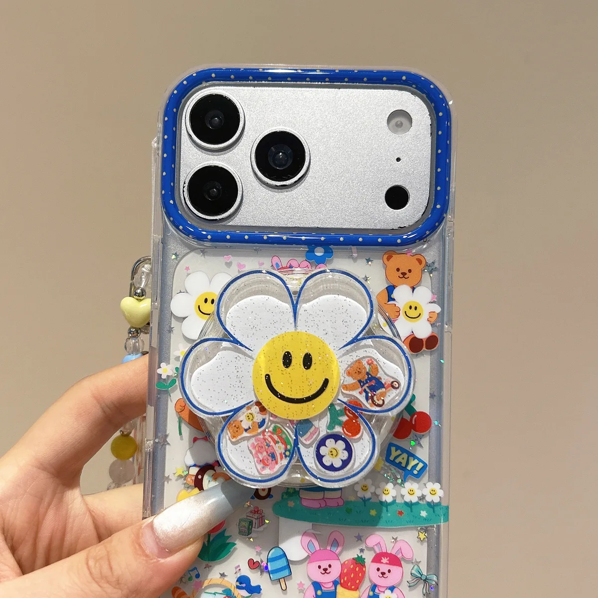 Y2K Kawaii Clear Daisy Grip Phone Case for iPhone 17 16 15 14 13 Pro Max