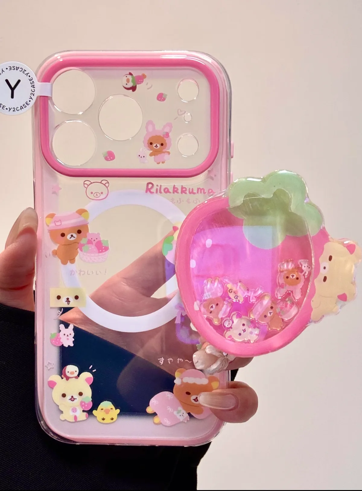 Rilakkuma Strawberry Clear Phone Case with 3D Fruit Charm for iPhone 17 16 15 14 13 Pro Max