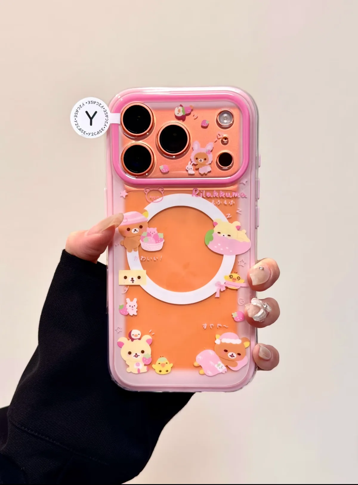 Rilakkuma Strawberry Clear Phone Case with 3D Fruit Charm for iPhone 17 16 15 14 13 Pro Max