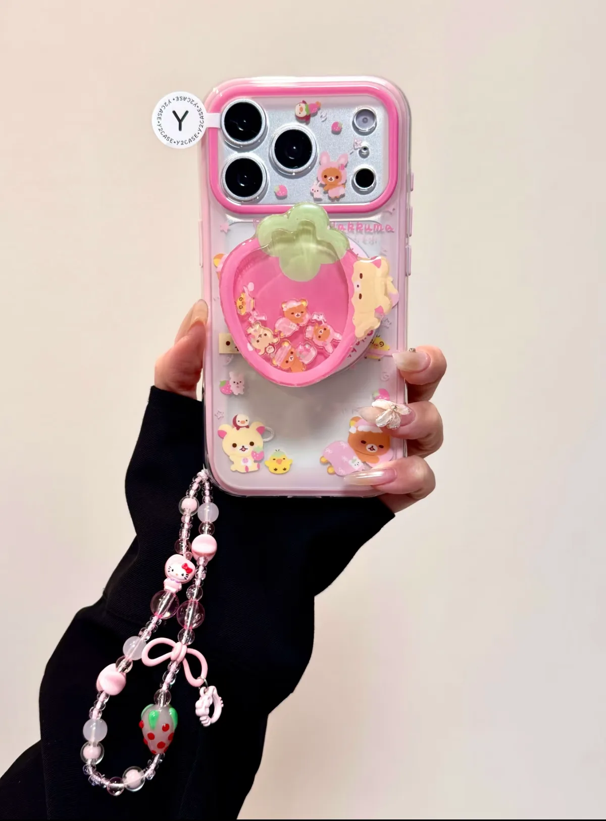 Rilakkuma Strawberry Clear Phone Case with 3D Fruit Charm for iPhone 17 16 15 14 13 Pro Max — MagSafe