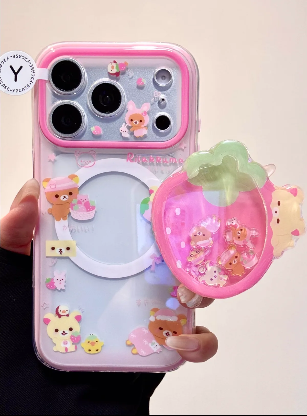 Rilakkuma Strawberry Clear Phone Case with 3D Fruit Charm for iPhone 17 16 15 14 13 Pro Max — MagSafe