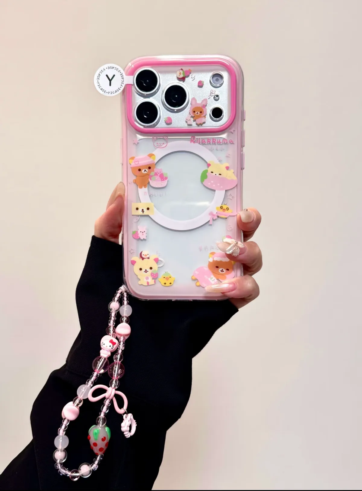 Rilakkuma Strawberry Clear Phone Case with 3D Fruit Charm for iPhone 17 16 15 14 13 Pro Max — MagSafe