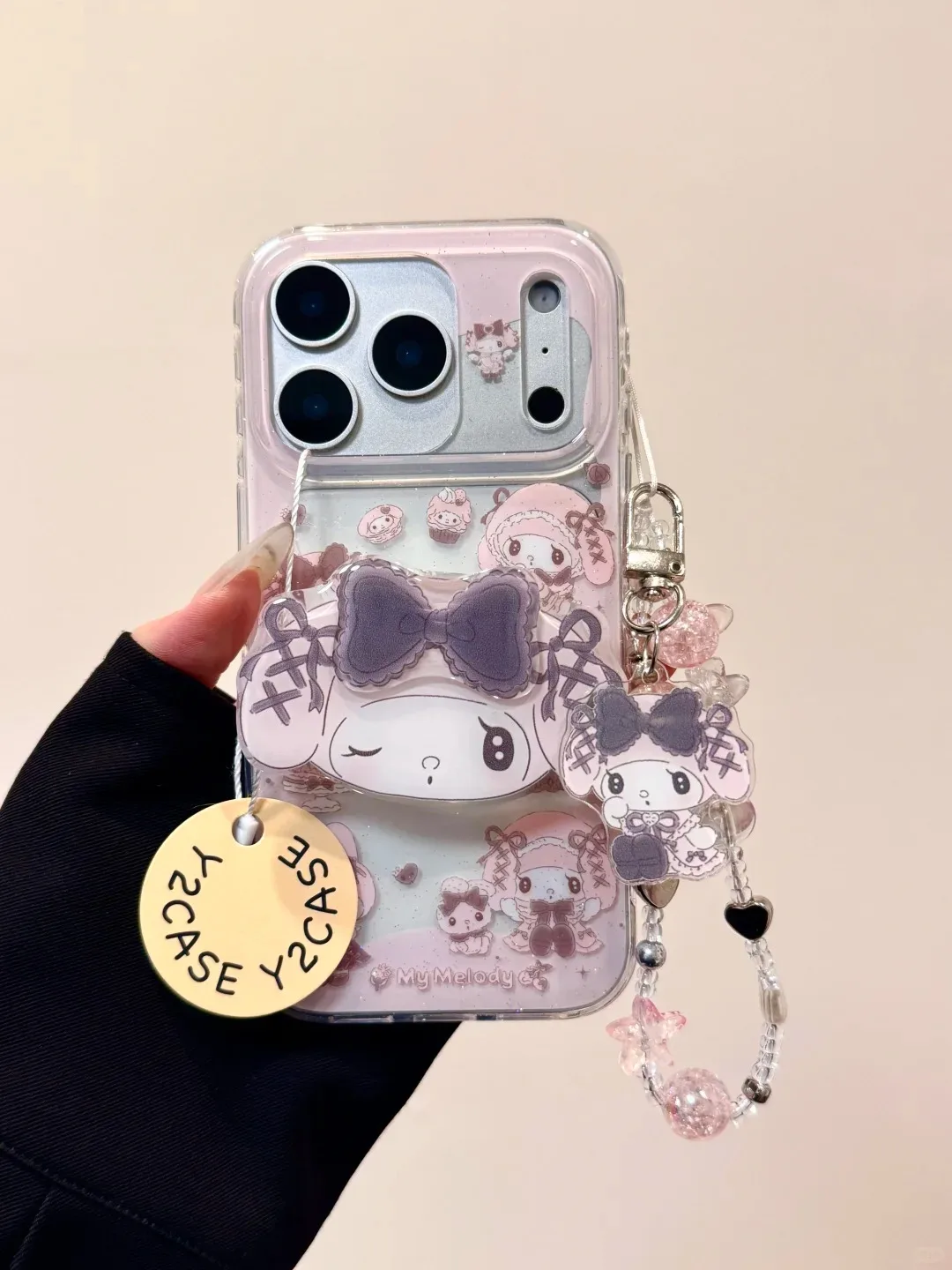 Sanrio My Melody iPhone 17 16 15 14 13 Pro Max Clear Glitter Bow Phone Case with Charm