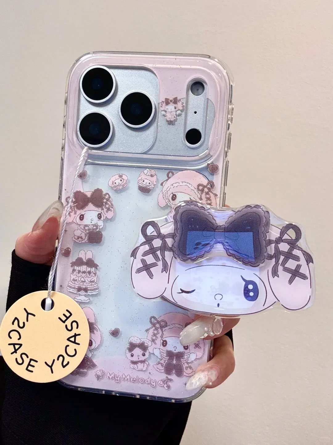 Sanrio My Melody Clear Glitter Bow Phone Case with Charm for iPhone 17 16 15 14 13 Pro Max