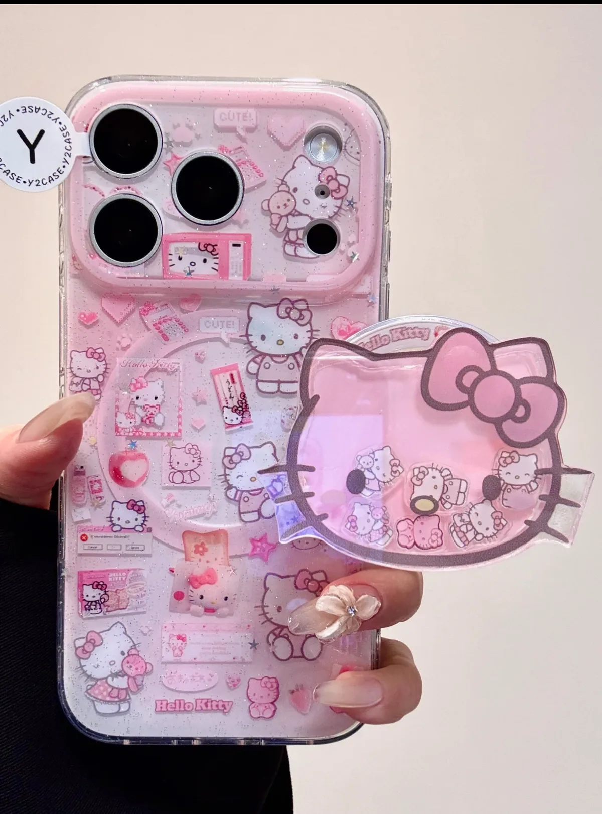 Hello Kitty Sanrio Glitter Clear iPhone 17 16 15 14 13 Pro Max Case with Charm