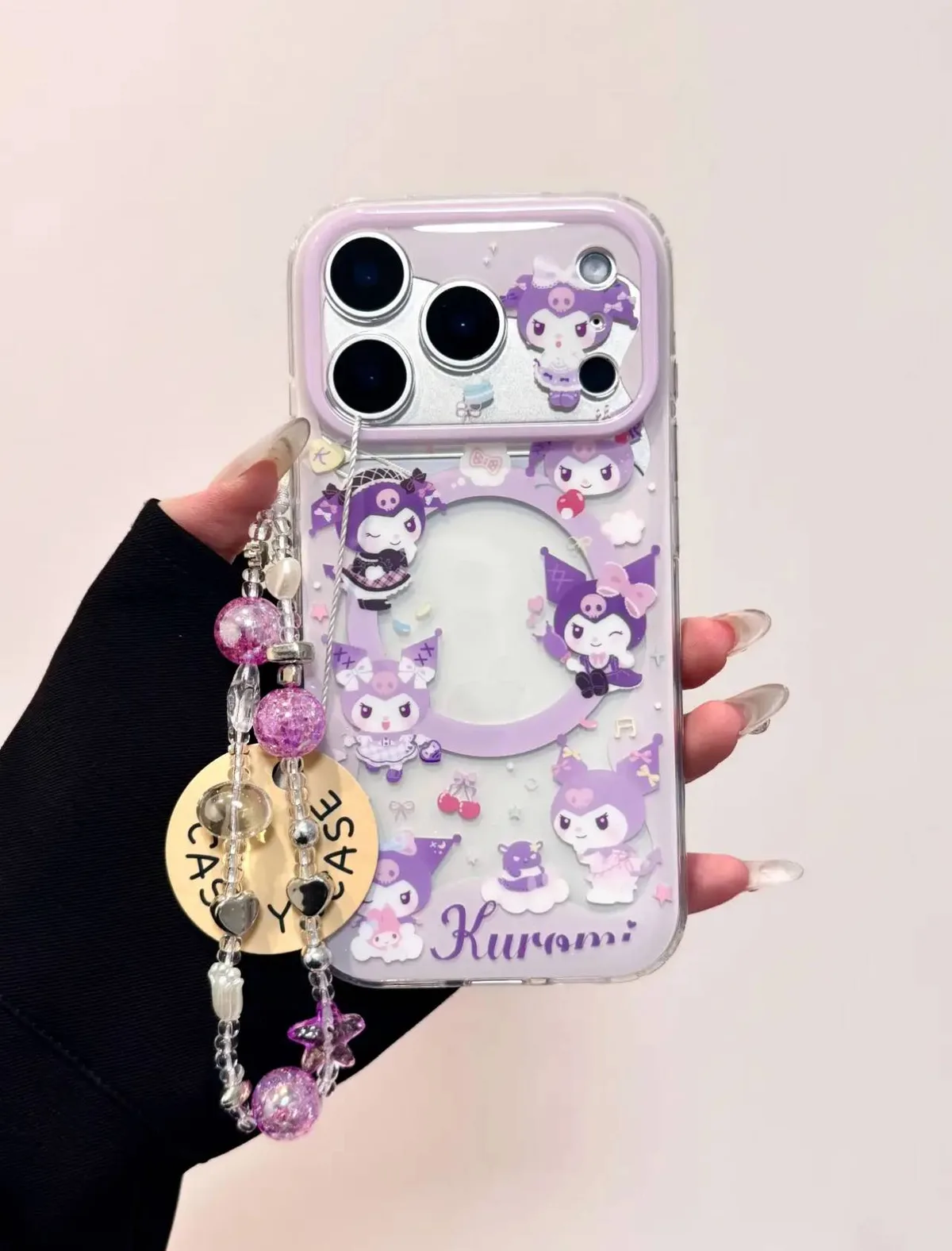 Sanrio Kuromi Purple Glitter Charm Clear Case for iPhone 17 16 15 14 13 Pro Max — MagSafe