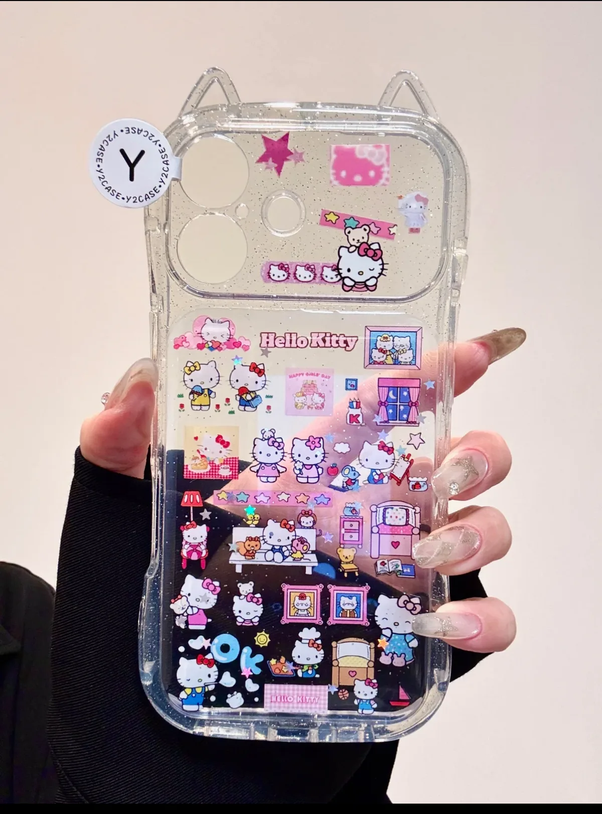 Sanrio Hello Kitty Glitter Cat-Ear Clear iPhone 17 16 15 14 13 Pro Max Case