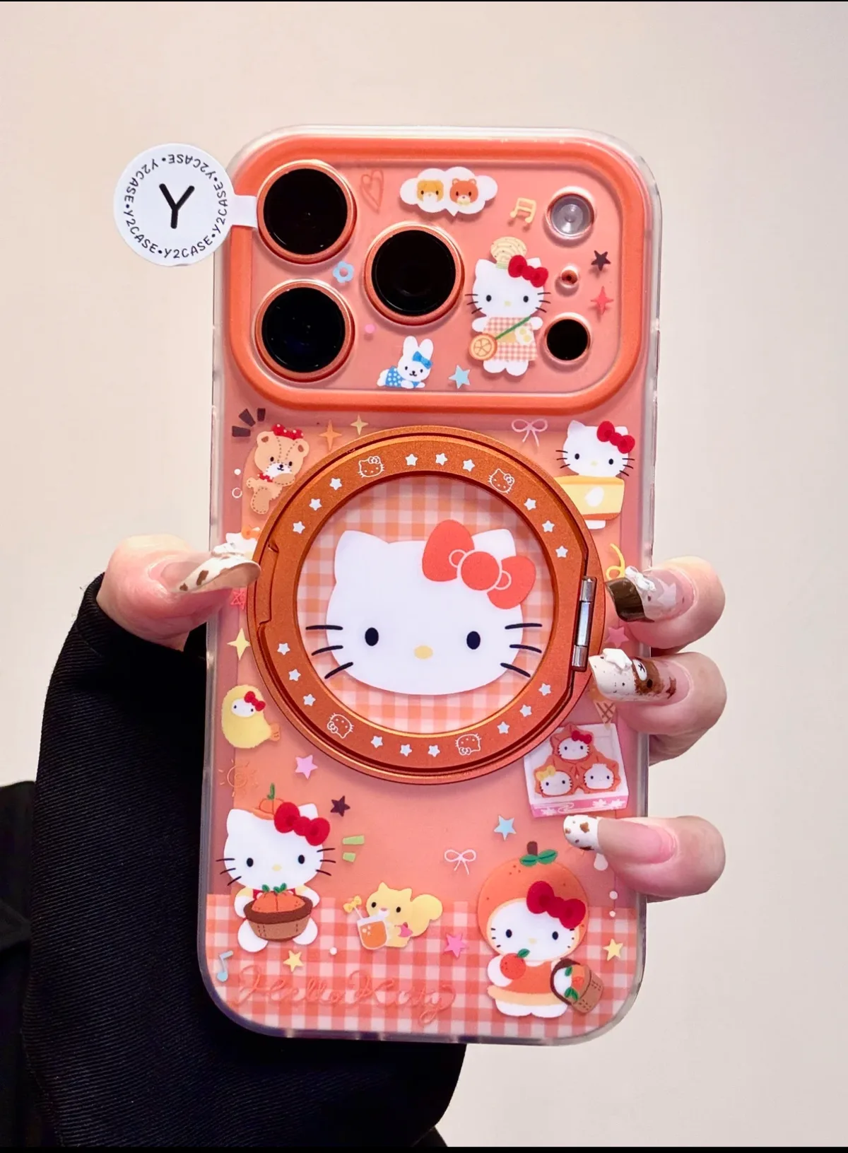 Sanrio Hello Kitty Orange Gingham Camera Phone Case for iPhone 17 16 15 14 13 Pro Max