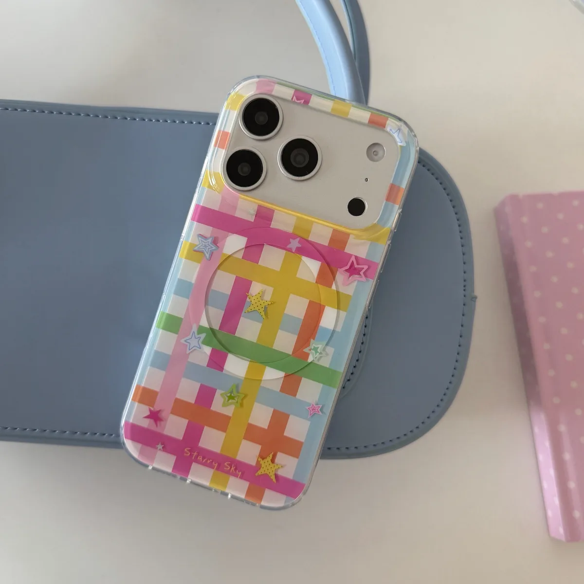 Starry Sky Colorful Grid Phone Case with MagSafe Star Stand for iPhone 17 16 15 14 13 Pro Max