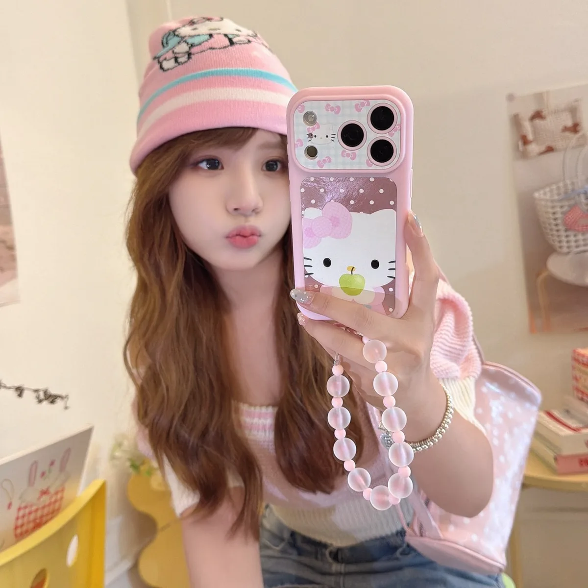 Hello Kitty Pink Bow Phone Case with Beaded Strap for iPhone 17 16 15 Pro Max