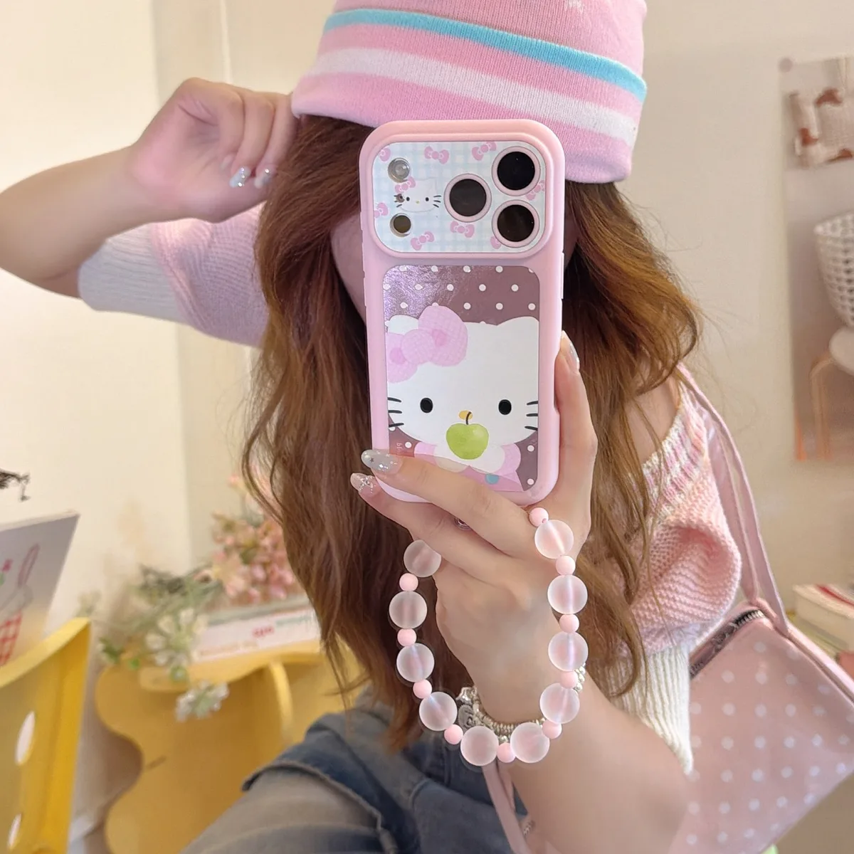 Hello Kitty Pink Bow Phone Case with Beaded Strap for iPhone 17 16 15 Pro Max