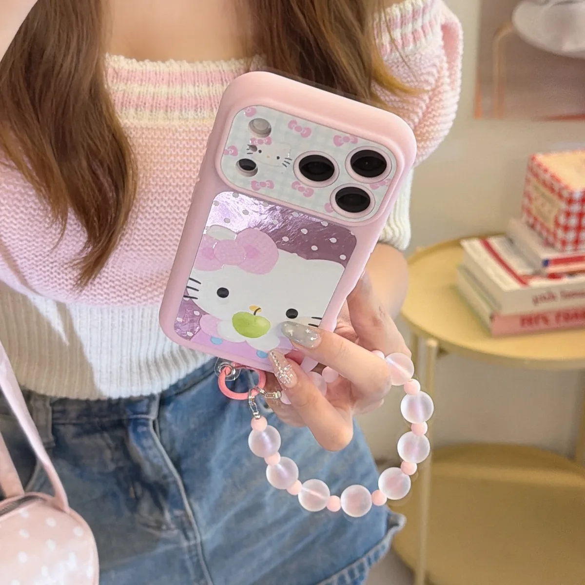 Hello Kitty Pink Bow Phone Case with Beaded Strap for iPhone 17 16 15 Pro Max