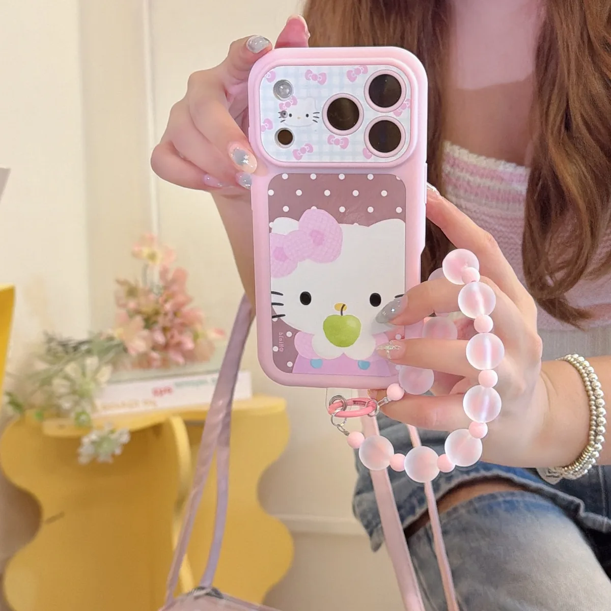 Hello Kitty Pink Bow Phone Case with Beaded Strap for iPhone 17 16 15 Pro Max