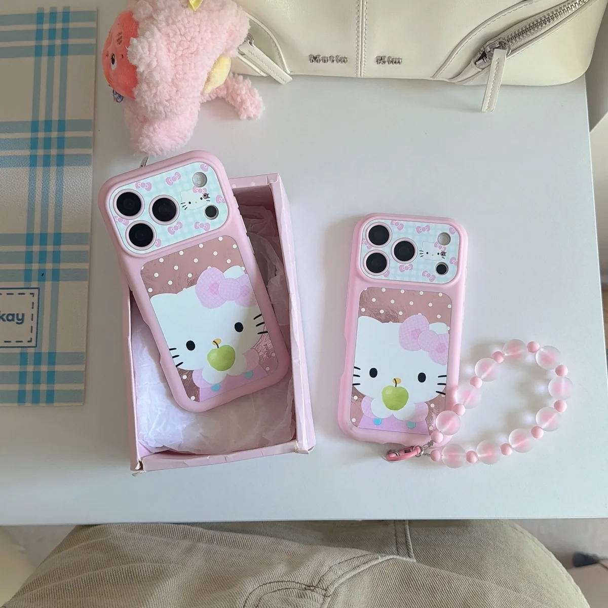 Hello Kitty Pink Bow Phone Case with Beaded Strap for iPhone 17 16 15 Pro Max