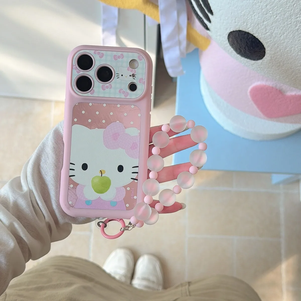 Hello Kitty Pink Bow Phone Case with Beaded Strap for iPhone 17 16 15 Pro Max