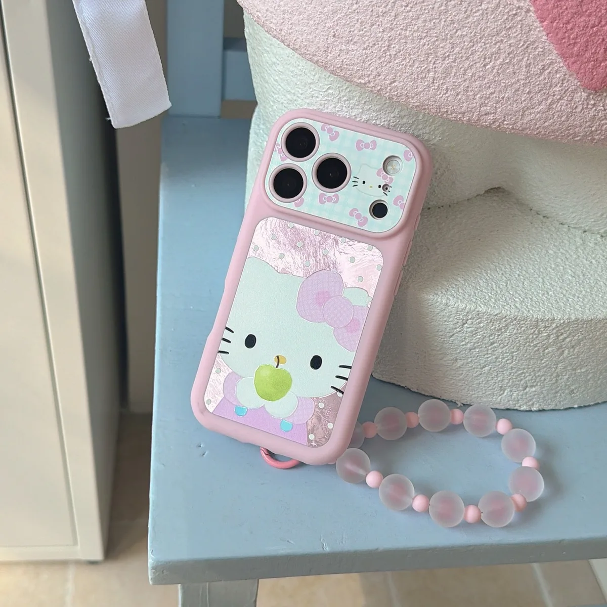 Hello Kitty Pink Bow Phone Case with Beaded Strap for iPhone 17 16 15 Pro Max