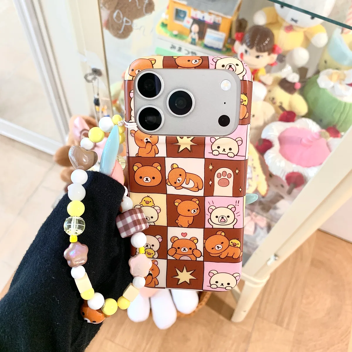 Rilakkuma Patchwork Phone Case with Beaded Strap for iPhone 17 16 15 Pro Max
